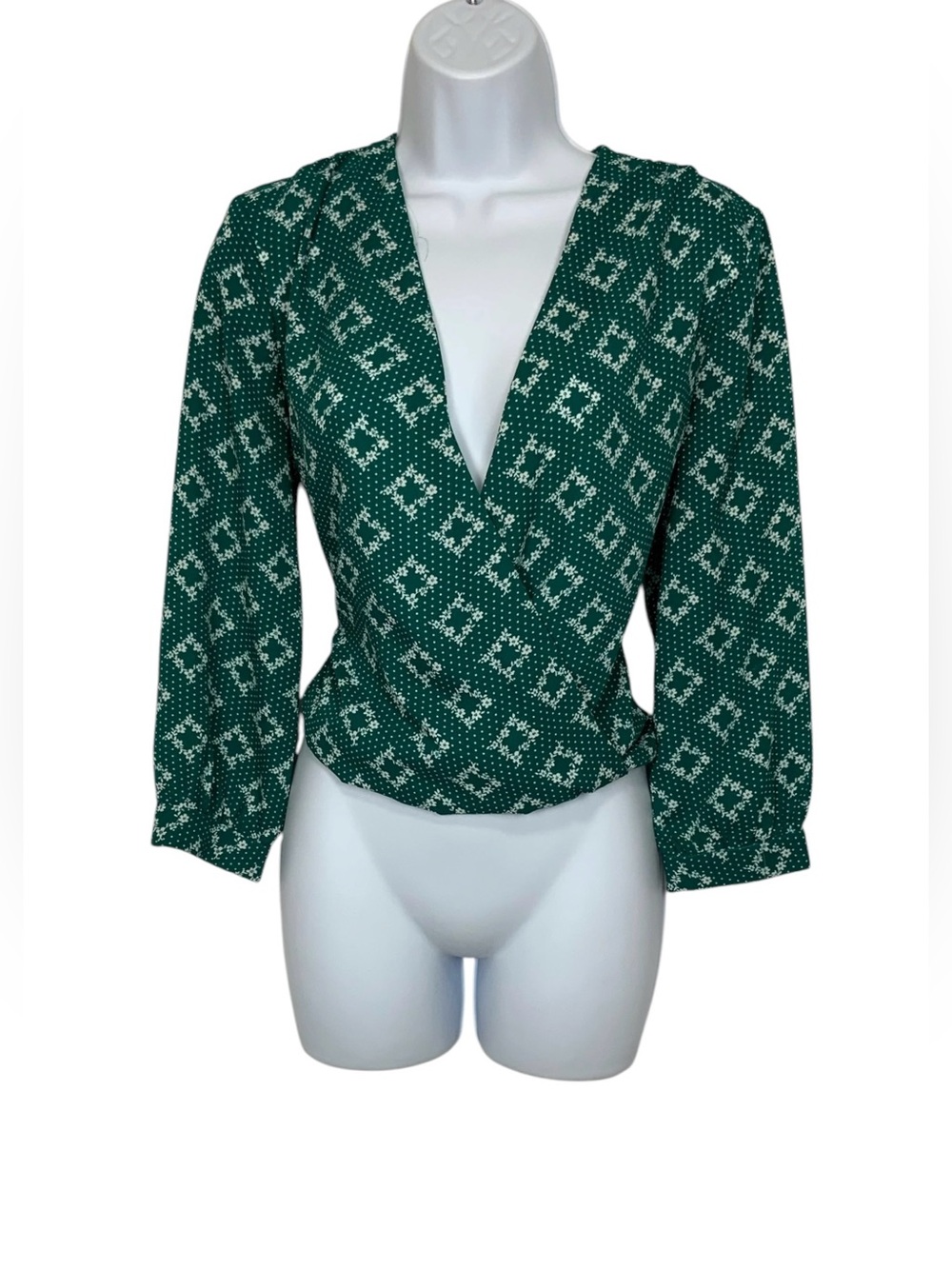 Blue Rain Green/White Faux Wrap Geometric Print Blouse